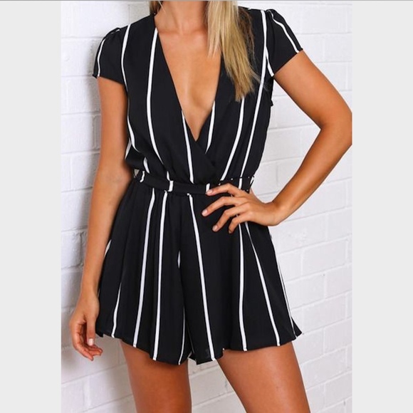 Rouge! Pants - Vertical Striped Surplice V-Neck Tie Belt Romper